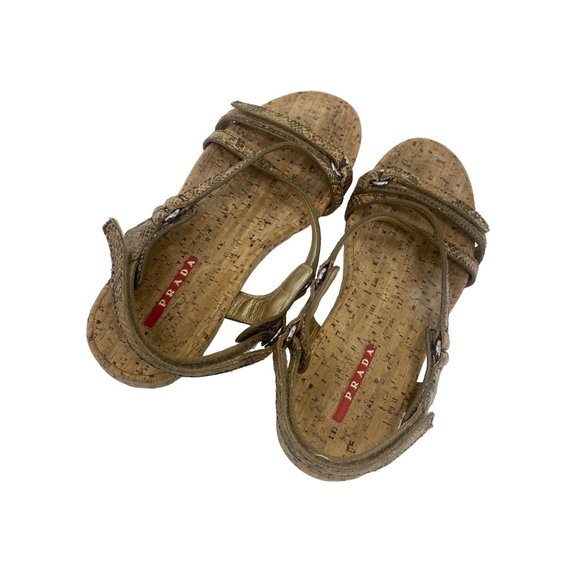 Prada Gold & Tan Reptile Leather Cork Sandals - Picture 6 of 9